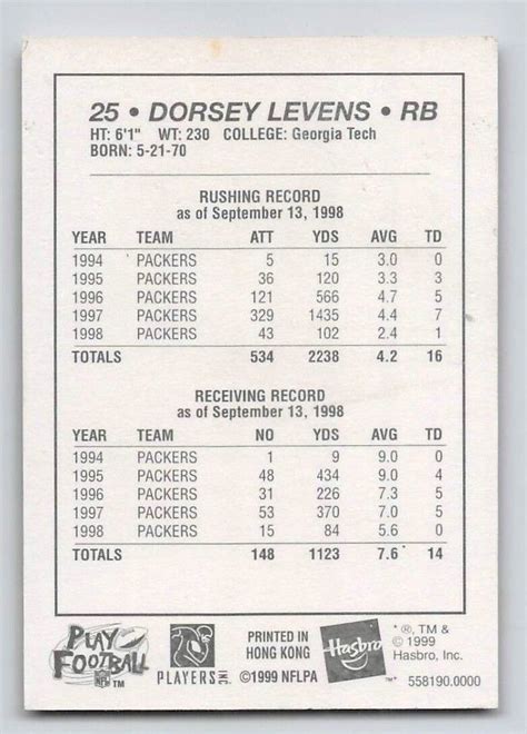 Dorsey Levens Starting Lineup Slu Football Card Green Bay