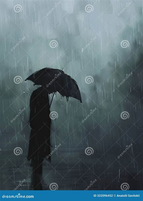 A Single Person Stands In The Rain Their Head Down Holding A Black