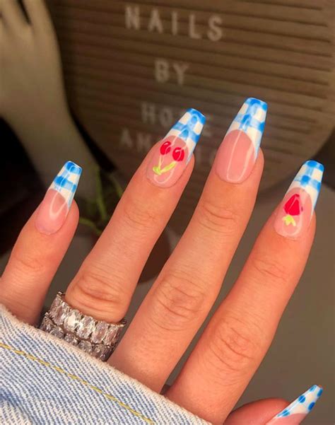 50 Cute Summer Nail Designs Blue Gingham And Cherries