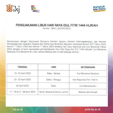 Pengumuman Libur Hari Raya Idul Fitri 1444 Hijriah Institut Kesenian Jakarta