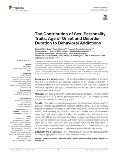 The Contribution Of Sex Personality Traits Age Of Onset And Disorder