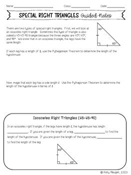 Special Right Triangles Guided Notes And Practice By 3rd And 14th