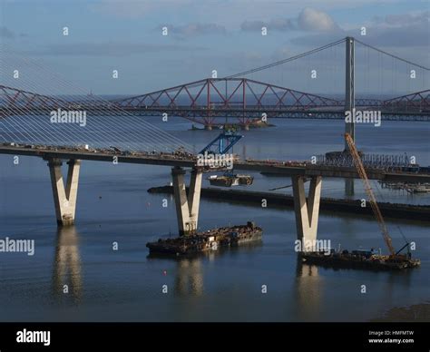 Aerial view of the final section of the new Queensferry Crossing bridge ...