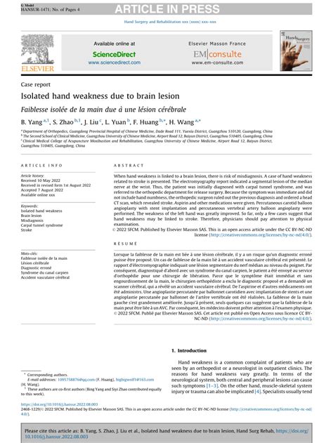 Pdf Case Report Isolated Hand Weakness Due To Brain Lesion Faiblesse