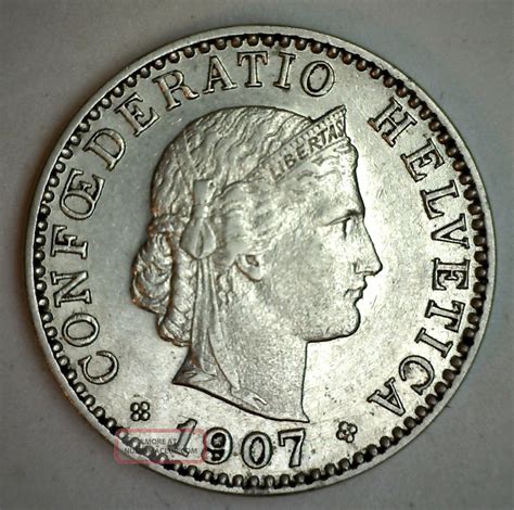 1907 B Nickel Switzerland 20 Rappen Swiss Helvetia Coin Au