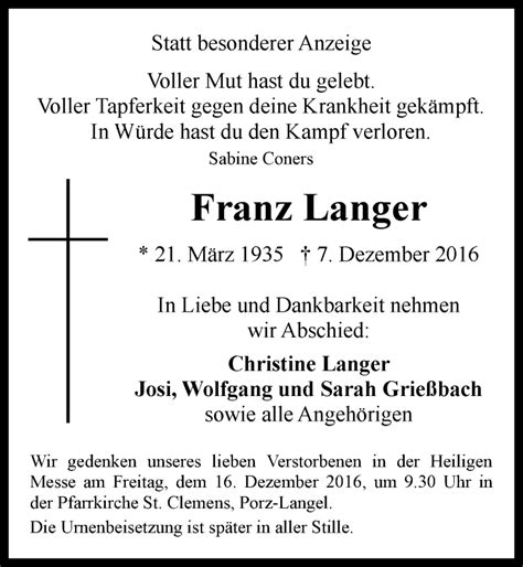 Traueranzeigen Von Franz Langer Wirtrauern