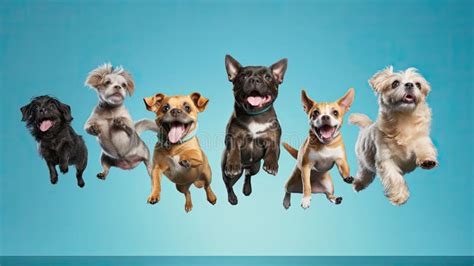 Cute Happy Pets Dogs Jumping Flying On Yellow Studio Background Ai