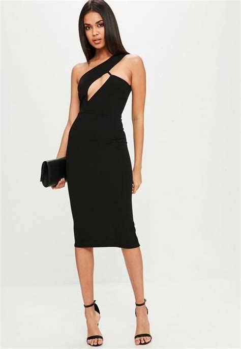 Missguided Black One Shoulder Midi Dress Midi Short Sleeve Dress