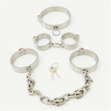 Stainless Steel Detachable Buckle Chain Lockable Neck Collar Wrist Handcuffs Ankle Cuffs Slave