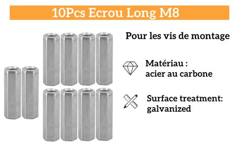 10Pcs Ecrou Long M8 Hexagonal Manchon De Entretoise M8 30mm En Acier