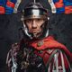 Roman Warrior Dressed In Armor Posing Against Dark Background Stock