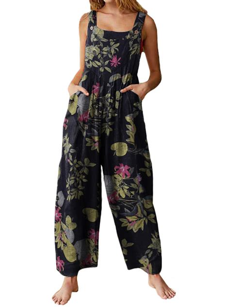 VONDA Boho Women S Cotton Linen Sleeveless Jumpsuits Solid Floral