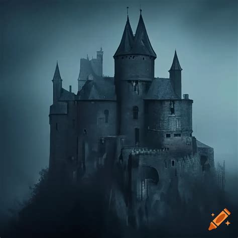 Eerie Gothic Castle At Night Surrounded By Mist And Forest