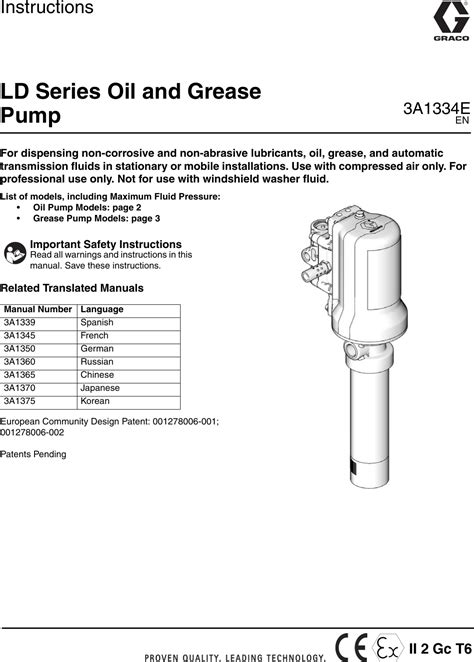 Graco 3A1334E Ld Series Oil And Grease Pump Users Manual Pump, Instructions, English