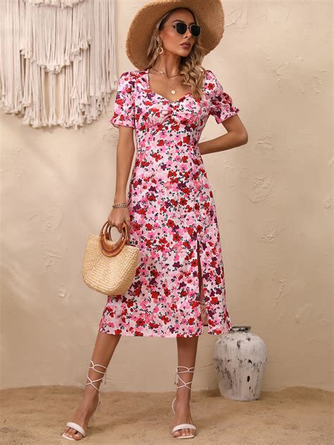 Shein Vcay Vestido Con Estampado Floral De Manga Farol De Muslo Con