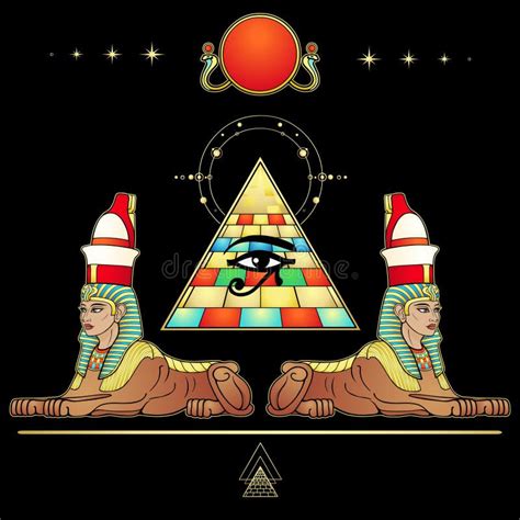 Mystical Color Drawing Women Sphinxes Guard The Egyptian Pyramid All