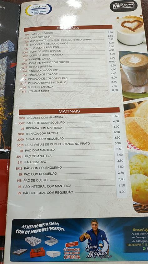 Menu em Padaria Lorena São Paulo Av São Miguel