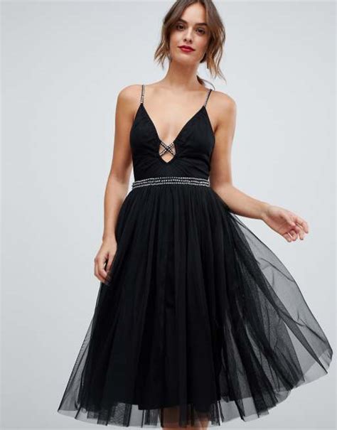 Asos Design Tulle Midi Dress With Diamante Straps Asos