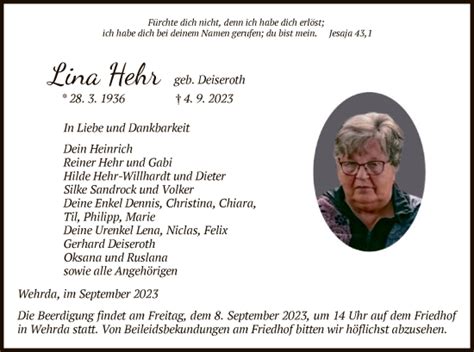 Traueranzeigen Von Lina Hehr Trauer Hersfelder Zeitung De