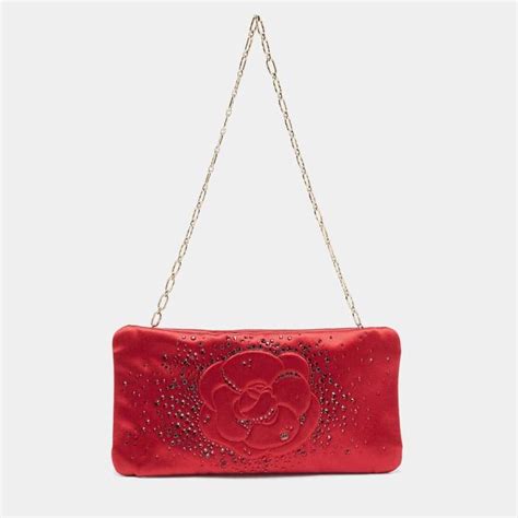 Chanel Red Satin Embellished Strass Camellia Chain Clutch Chanel The