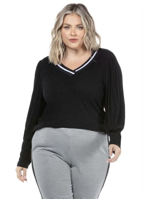 Blusa Manga Longa Plus Size Preto Donna Peck