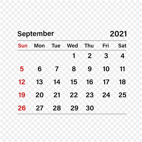 September Calendar Vector Art Png September 2021 Calendar 2021