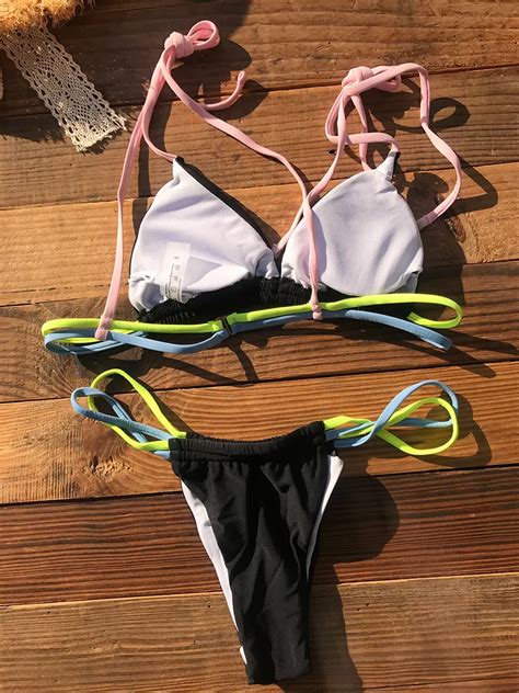 Sexy Solid Color Micro Bikini Set With Push Up Triangle String For