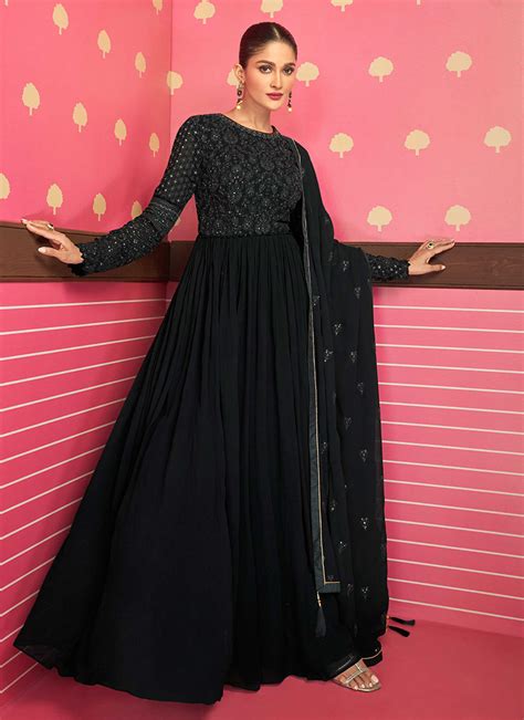 Buy Black Georgette Embroidery Anarkali Suit Party Wear Online At Best