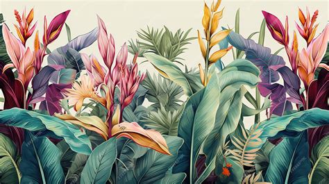 Premium AI Image | Tropical Exotic Landscape Wallpaper Hand Drawn Design Luxury Wall Mural