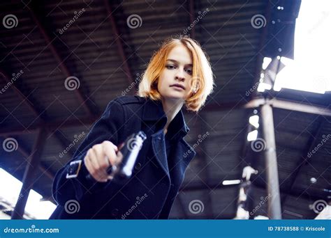 Woman Pointing A Gun Mafia Girl Shooting At Someone On The Street