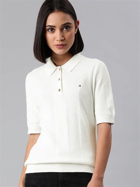 Buy Tommy Hilfiger Women White Self Striped Polo Collar Pure Cotton T