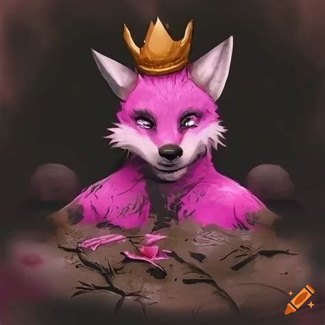 Male Anthro Fox With Crown Relaxing In Black Mud At A Surreal Spa On