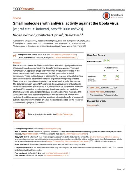 Pdf Small Molecules With Antiviral Activity Against The Ebola Virus