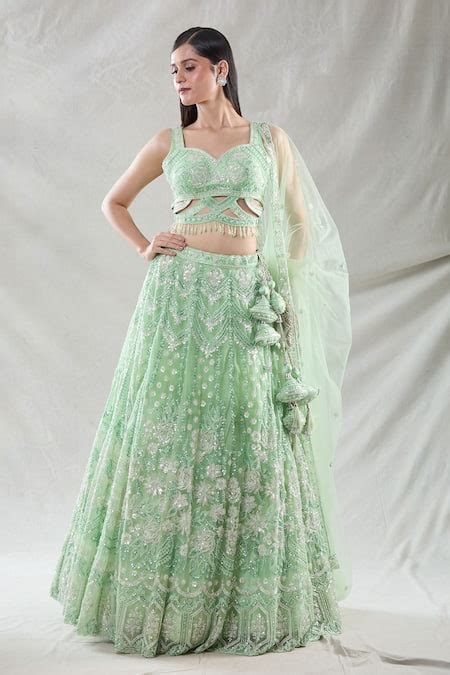 Buy Green Net Embroidery Sequin Sweetheart Neck Floral Lehenga Set For