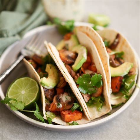 Mushroom And Sweet Potato Tacos With Cilantro Garlic Tahini Healthy