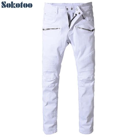 Sokotoo Men S Slim Fit Straight White Biker Jeans For Motorcycle Plus