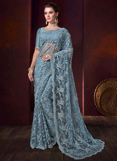 Buy Blue Net Embroidered Saree Embroidered Stones Sari Online