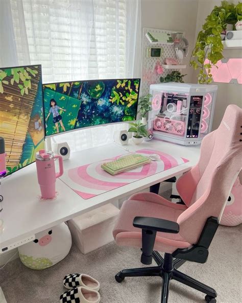 Cute Pink And Green Gaming Setup Aesthetic 🌿🌷 In 2024 Gaming Room Setup Cozy Desk Modern