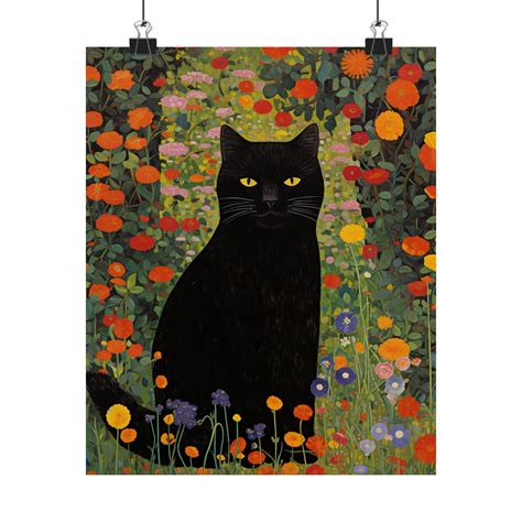 Gustav Klimt Garden Cat Print, Klimt Flowers Cat Poster, Black Cat Art ...