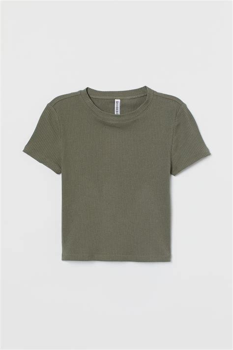 Ribbed Top Round Neck Short Sleeve Khaki Green Ladies Handm Gb