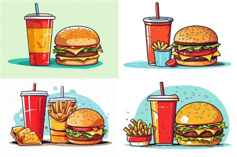 A Drawing Of Burgers And Drinks With A Picture Of A Hamburger And Fries