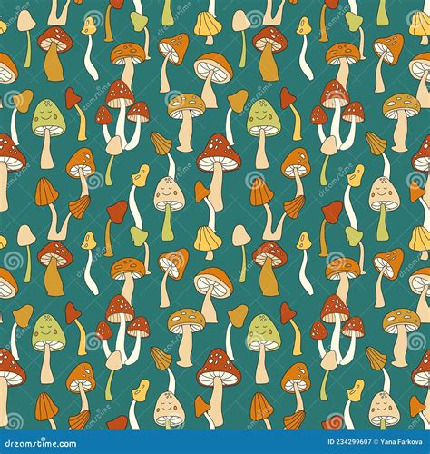 S Retro Mushroom Vector Seamless Pattern Groovy Vintage Floral