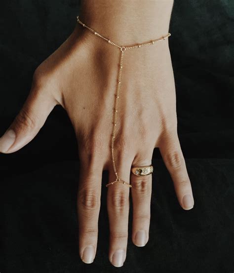 Beaded Hand Chain Ring Bracelet In 1420 Gold Fill Etsy