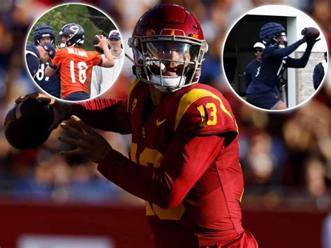 Caleb Williams With A Bears Helmet Throwing To Rome Odunze In