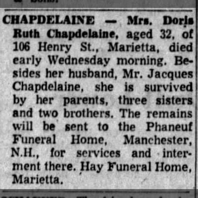 Obituary For Doris Ruth CHAPDELAINE Aged 32 Newspapers