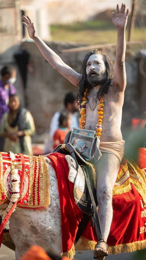 Indian Sadhus Coming To Kumbh Mela, Royal Welcome. Sadhus Sitting ...