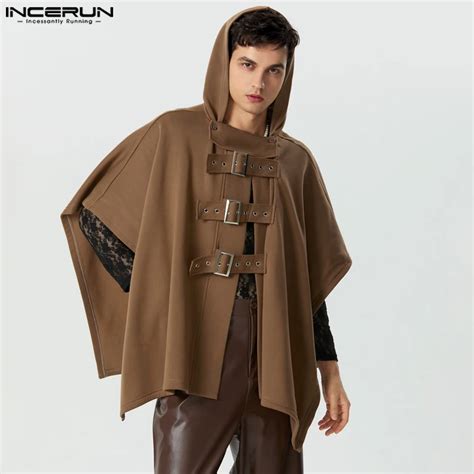 Incerun Men Cloak Coats Solid Color Hooded Button Irregular Trench