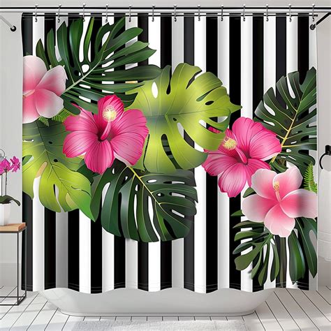 Tropical Floral Shower Curtain Set With Black And White Stripes Pink