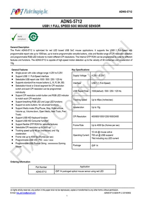 ADNS 5712 Datasheet Sensor Equivalent PixArt