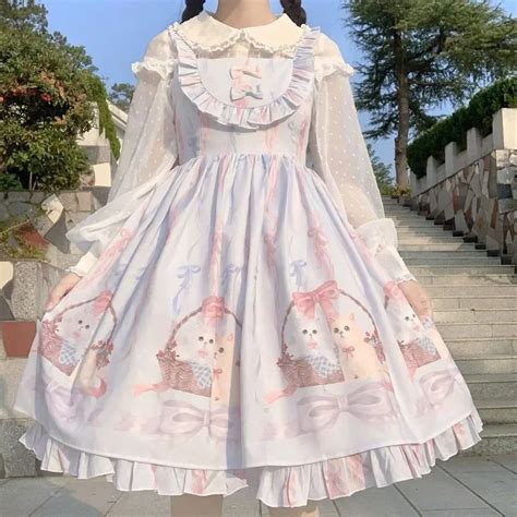 QWEEK Kawaii Lolita Dress Women Girls JSK Lolita Kawaii Cute Cats Tea